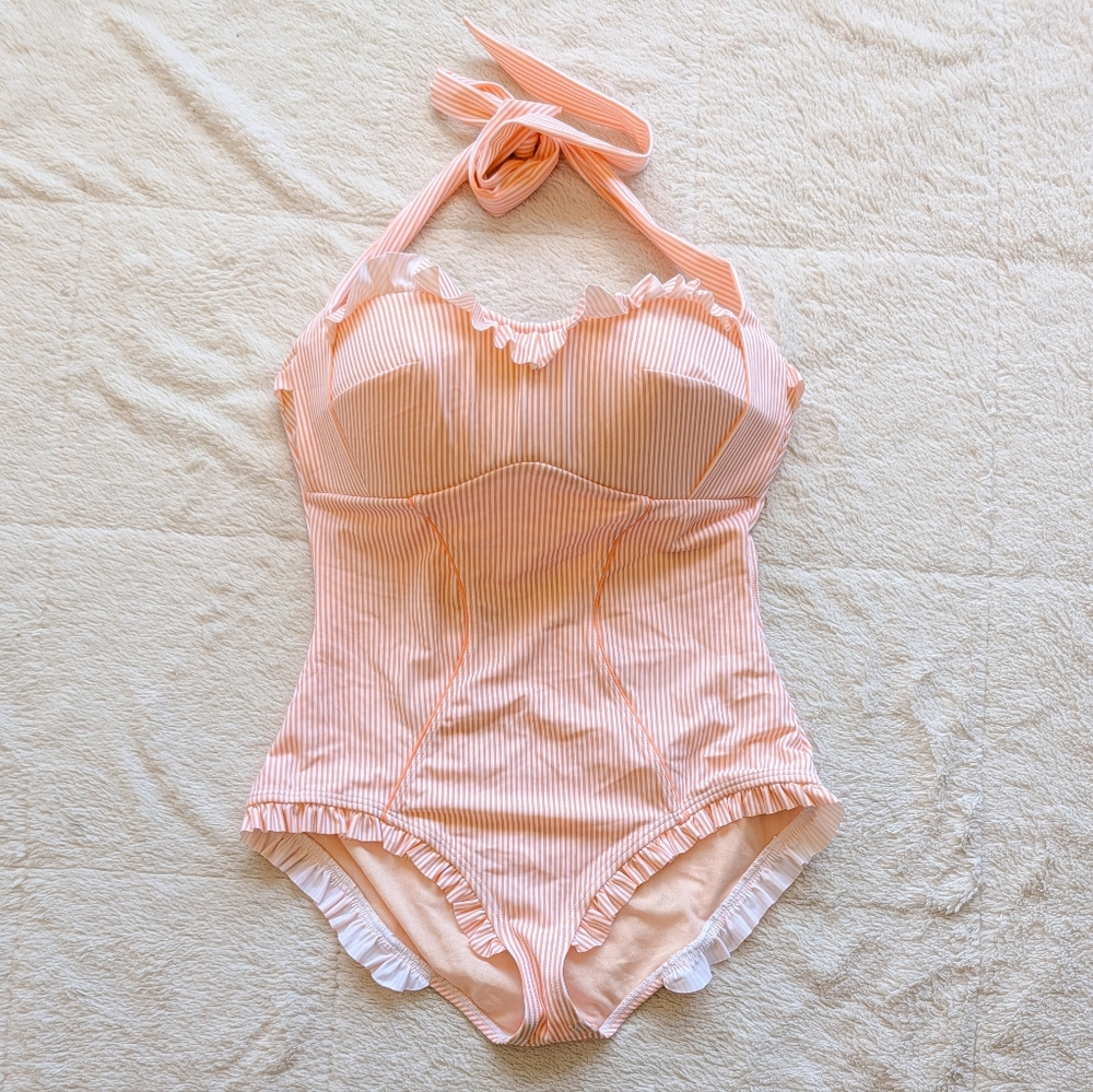 Unique Vintage Peach & White Striped Ruffle Halter One-Piece Swimsuit